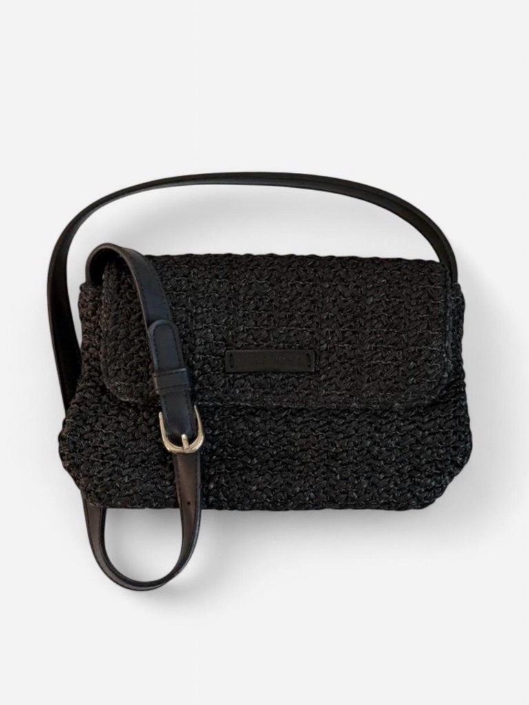 Black Woven Straw Rattan Shoulder Bag Purse Crossbody Festival Boho Grandmacore